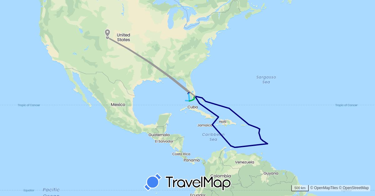 TravelMap itinerary: driving, bus, plane, boat in Antigua and Barbuda, Barbados, Saint Lucia, Netherlands, United States, U.S. Virgin Islands (Europe, North America)