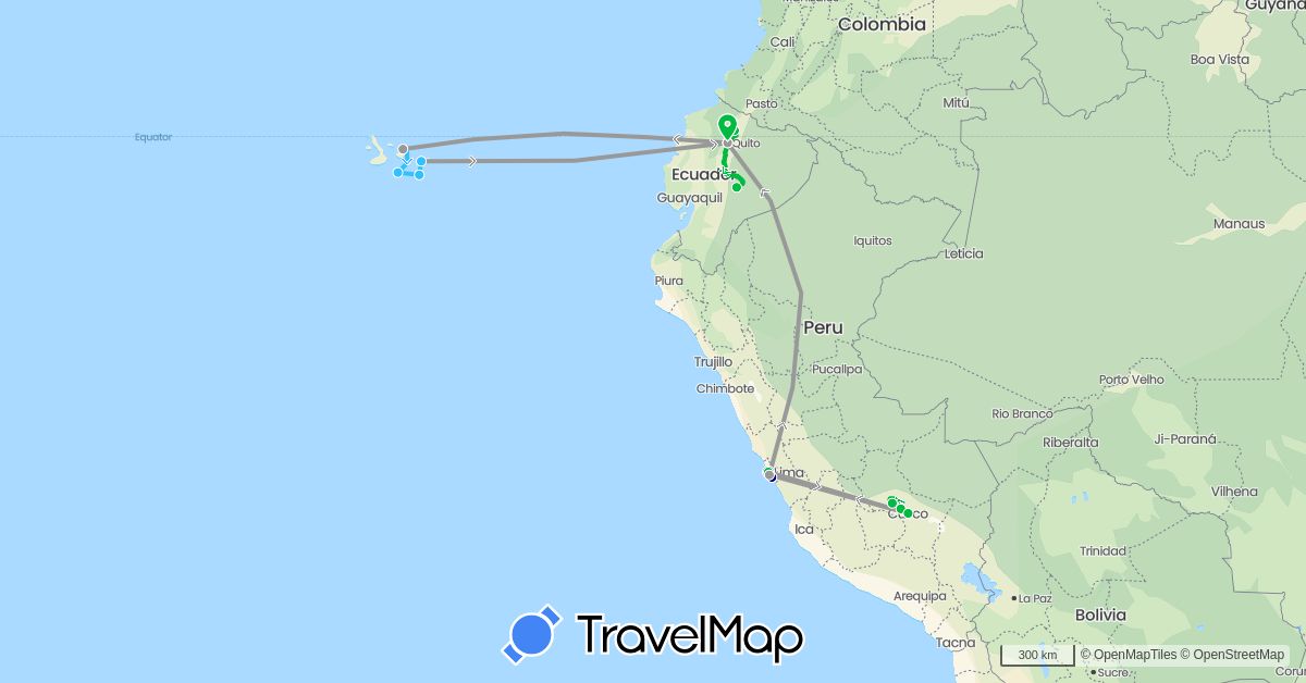 TravelMap itinerary: driving, bus, plane, boat in Ecuador, Peru (South America)