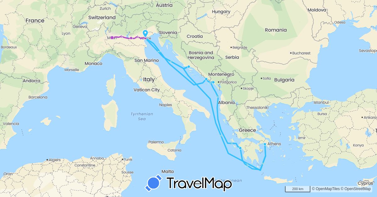 TravelMap itinerary: driving, train, boat in Greece, Croatia, Italy, Montenegro (Europe)