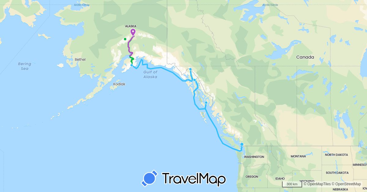 TravelMap itinerary: driving, bus, train, boat in Canada, United States (North America)