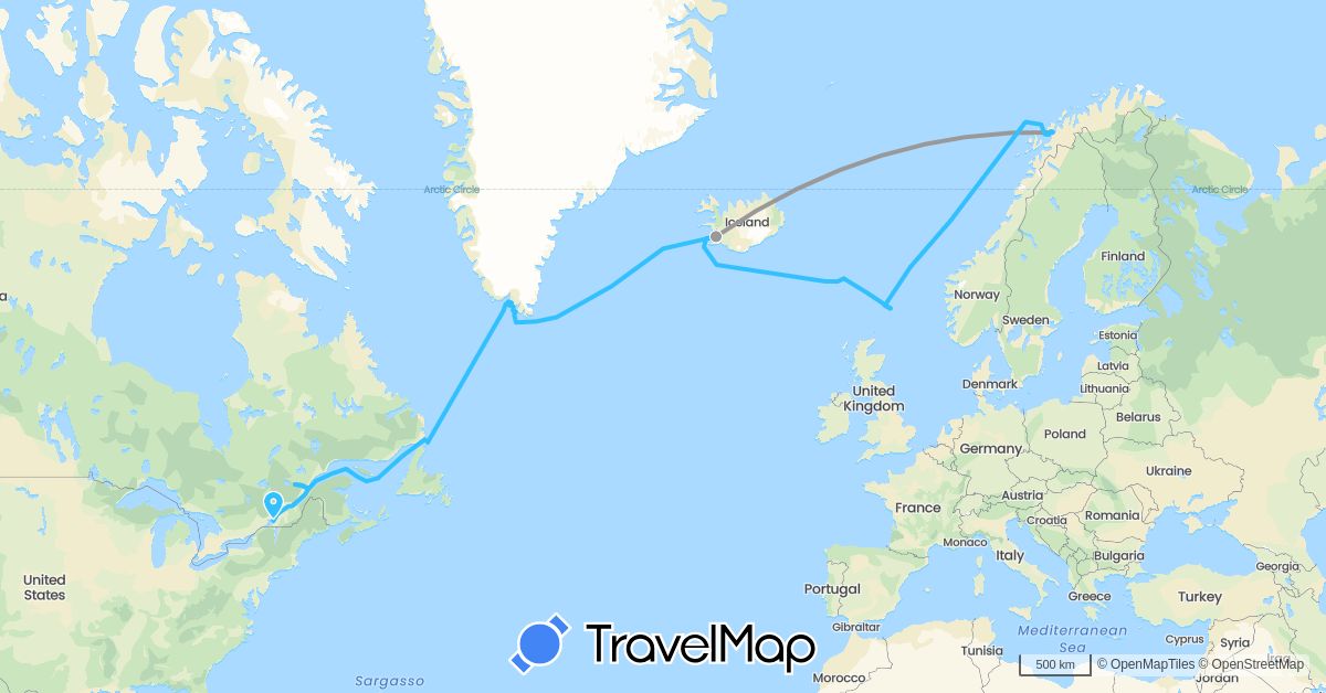 TravelMap itinerary: driving, plane, boat in Canada, Faroe Islands, United Kingdom, Greenland, Iceland, Norway (Europe, North America)
