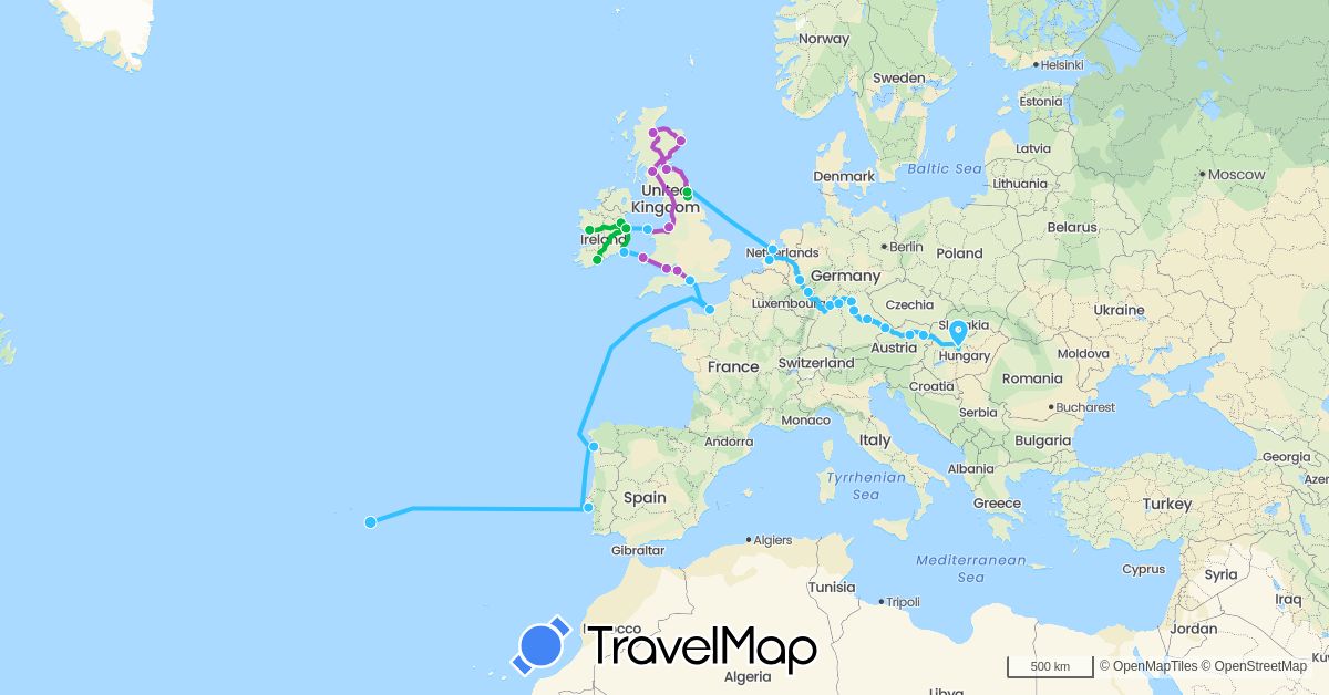 TravelMap itinerary: bus, train, boat in Austria, Germany, Spain, France, United Kingdom, Hungary, Ireland, Netherlands, Portugal (Europe)