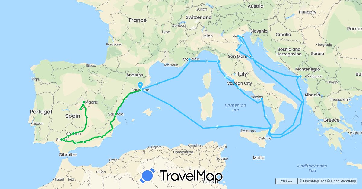 TravelMap itinerary: driving, bus, boat in Spain, France, Italy, Montenegro (Europe)