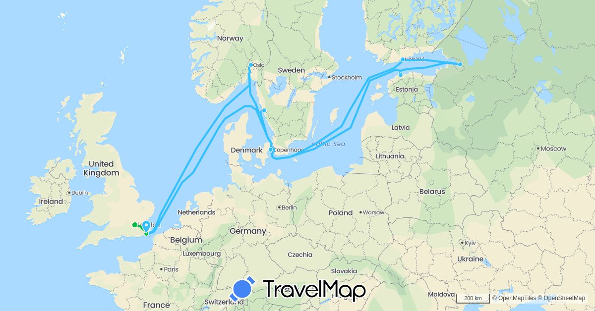 TravelMap itinerary: driving, bus, boat in Denmark, Estonia, Finland, United Kingdom, Norway, Russia, Sweden (Europe)