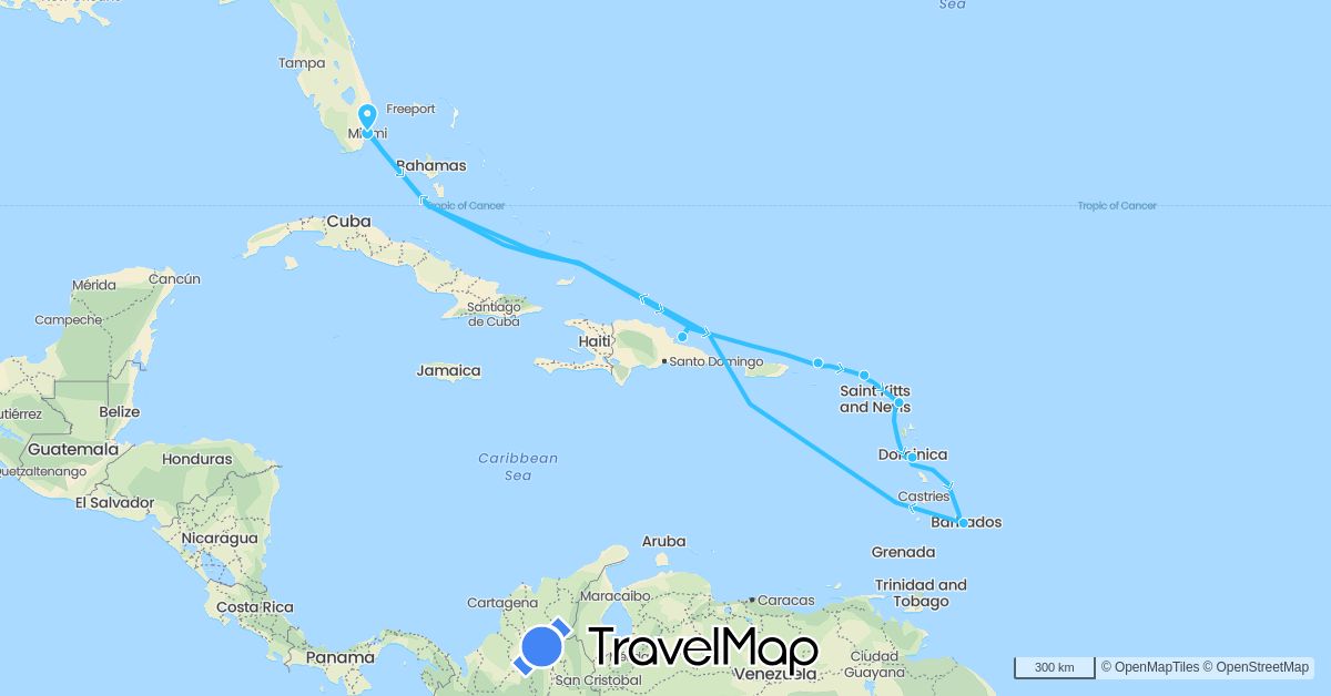 TravelMap itinerary: driving, boat in Antigua and Barbuda, Barbados, Dominica, Dominican Republic, Netherlands, United States, British Virgin Islands (Europe, North America)