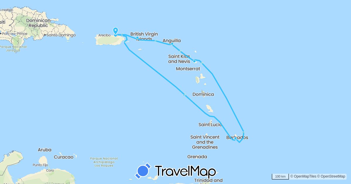 TravelMap itinerary: driving, boat in Antigua and Barbuda, Barbados, Netherlands, United States (Europe, North America)