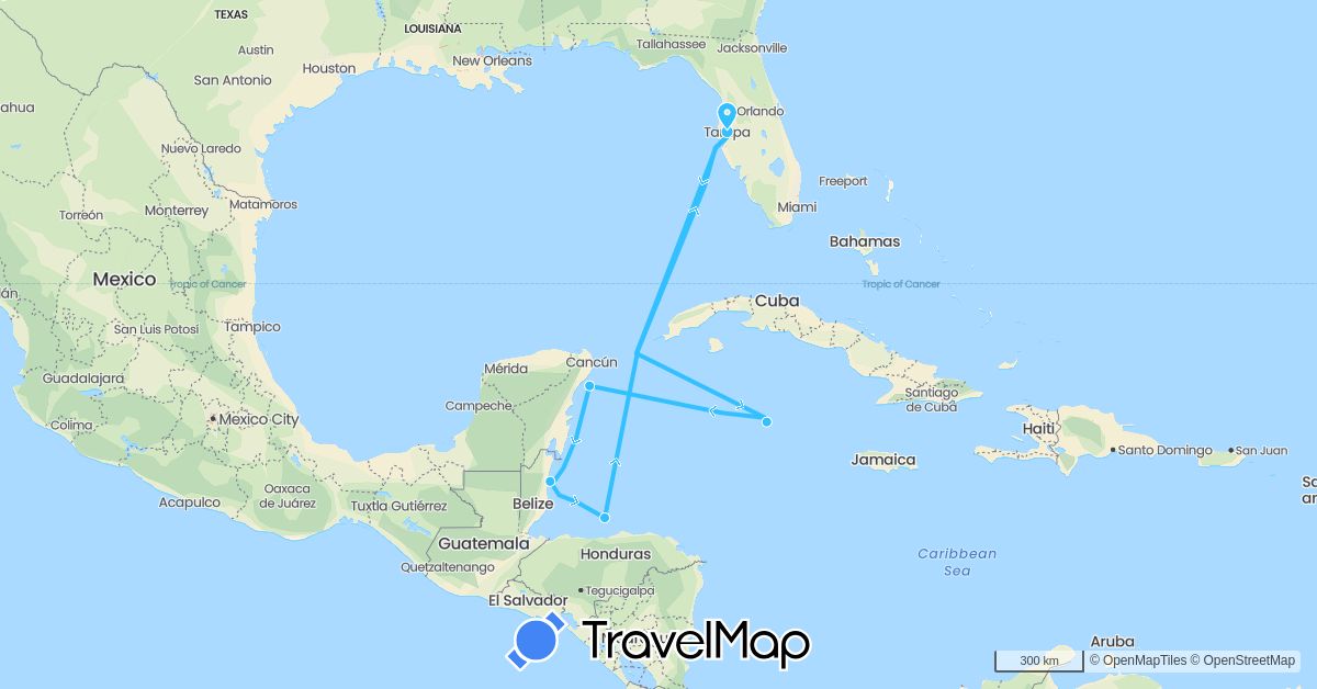 TravelMap itinerary: driving, boat in Belize, Honduras, Cayman Islands, Mexico, United States (North America)