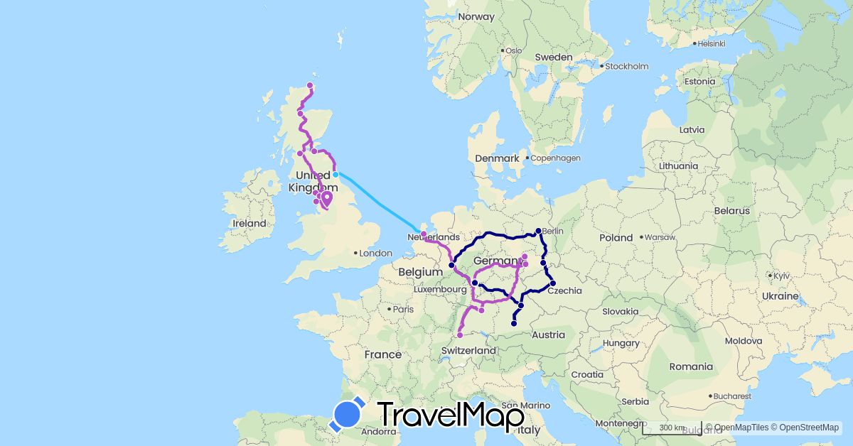 TravelMap itinerary: driving, train, boat in Switzerland, Czech Republic, Germany, United Kingdom, Netherlands (Europe)