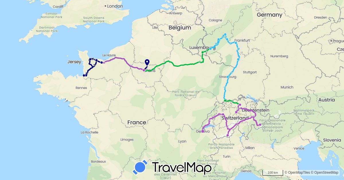 TravelMap itinerary: driving, bus, train, boat in Switzerland, Germany, France, Luxembourg (Europe)