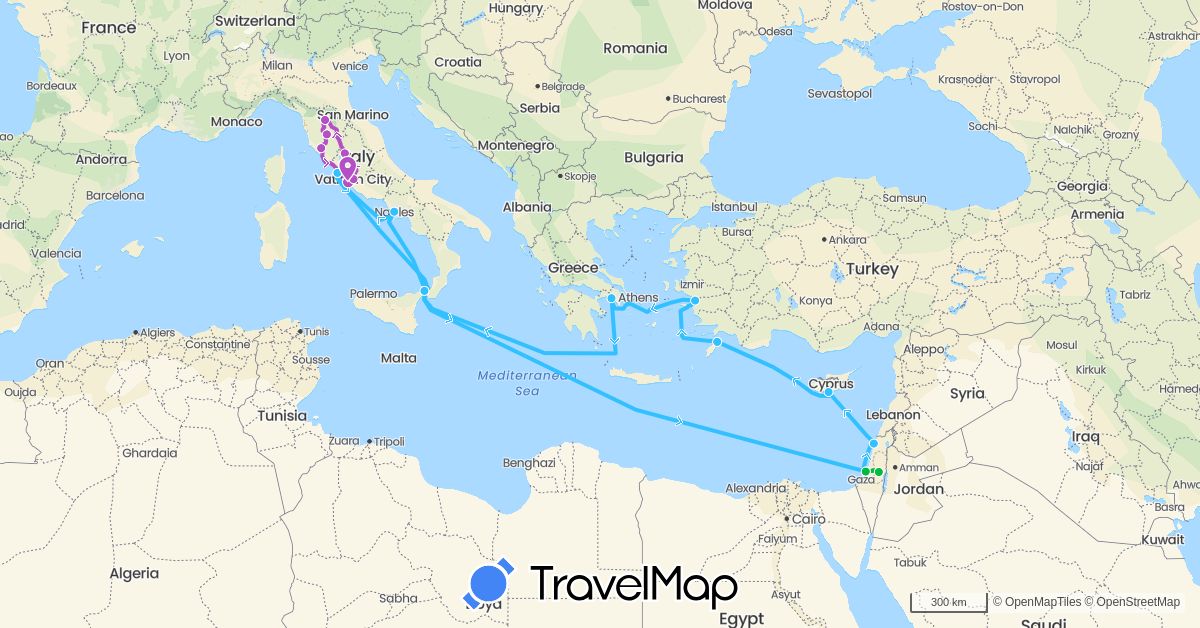 TravelMap itinerary: driving, bus, train, boat in Cyprus, Greece, Israel, Italy, Turkey (Asia, Europe)