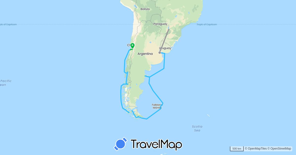 TravelMap itinerary: driving, bus, plane, boat in Argentina, Chile, Falkland Islands, Uruguay (South America)