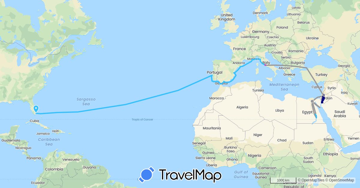 TravelMap itinerary: driving, plane, train, boat in Egypt, Spain, France, Italy, Jordan, Portugal, Turkey, United States (Africa, Asia, Europe, North America)