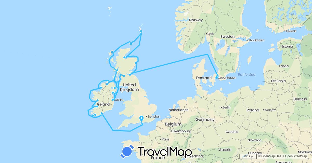 TravelMap itinerary: boat in Denmark, United Kingdom, Ireland (Europe)