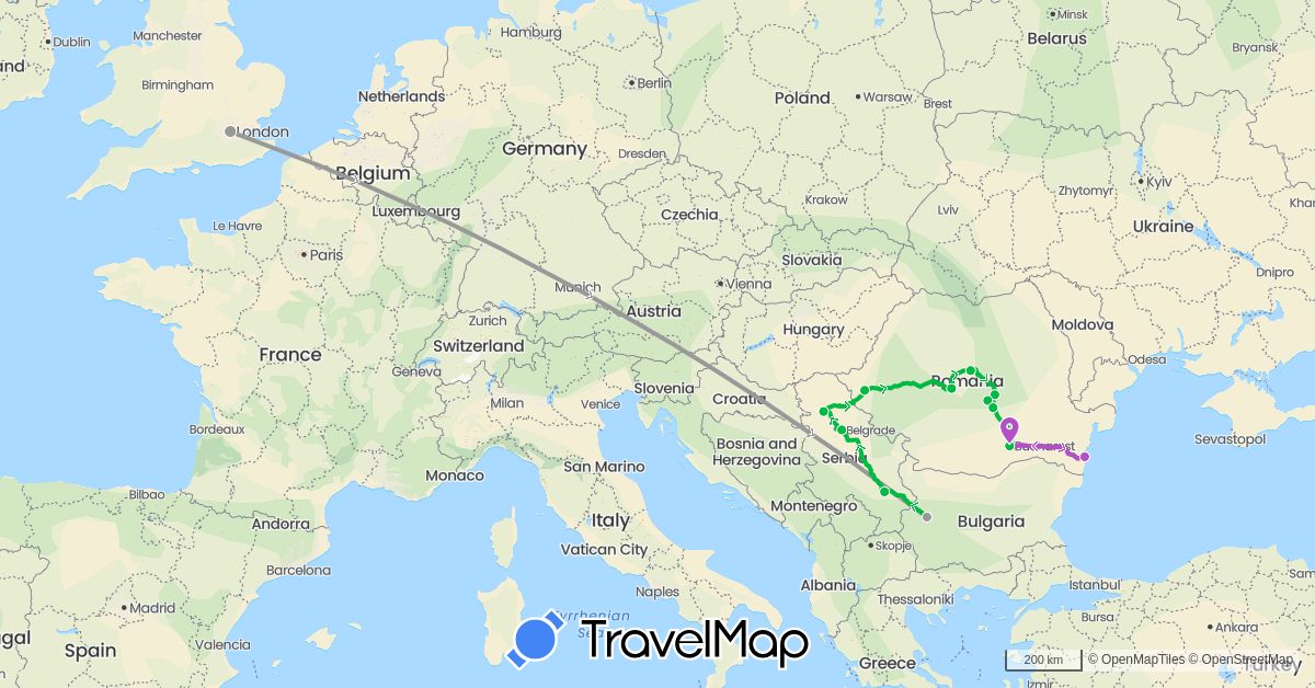 TravelMap itinerary: driving, bus, plane, train in Bulgaria, United Kingdom, Romania, Serbia (Europe)