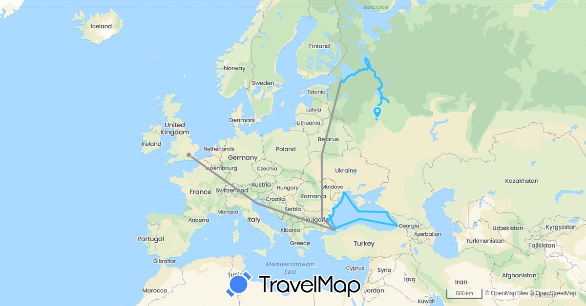 TravelMap itinerary: plane, boat in Bulgaria, United Kingdom, Georgia, Romania, Russia, Turkey, Ukraine (Asia, Europe)