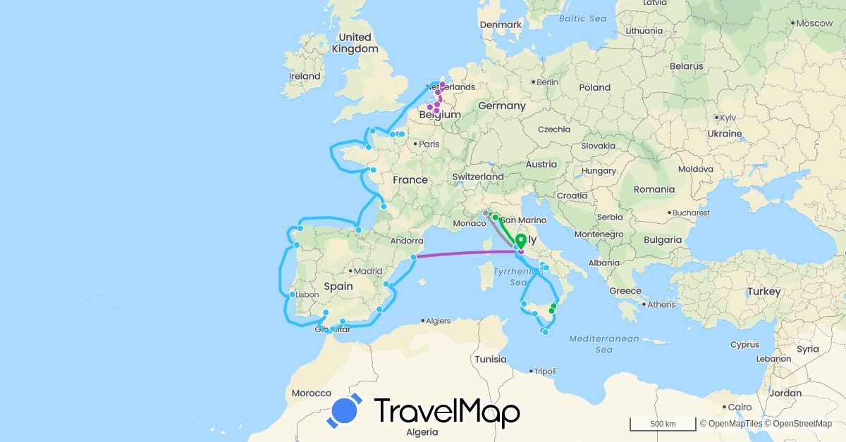 TravelMap itinerary: bus, plane, train, boat in Belgium, Spain, France, Gibraltar, Italy, Malta, Netherlands, Portugal (Europe)