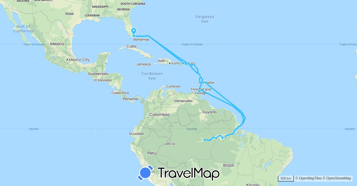 TravelMap itinerary: driving, boat in Barbados, Brazil, Dominica, France, Trinidad and Tobago, United States, Saint Vincent and the Grenadines, British Virgin Islands (Europe, North America, South America)