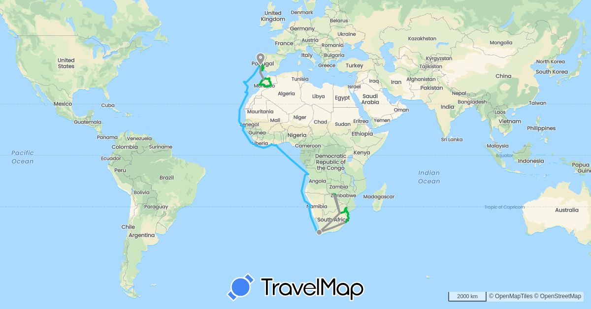 TravelMap itinerary: driving, bus, plane, boat in Angola, Botswana, Côte d'Ivoire, Spain, Ghana, Gambia, Morocco, Namibia, Portugal, South Africa, Zimbabwe (Africa, Europe)