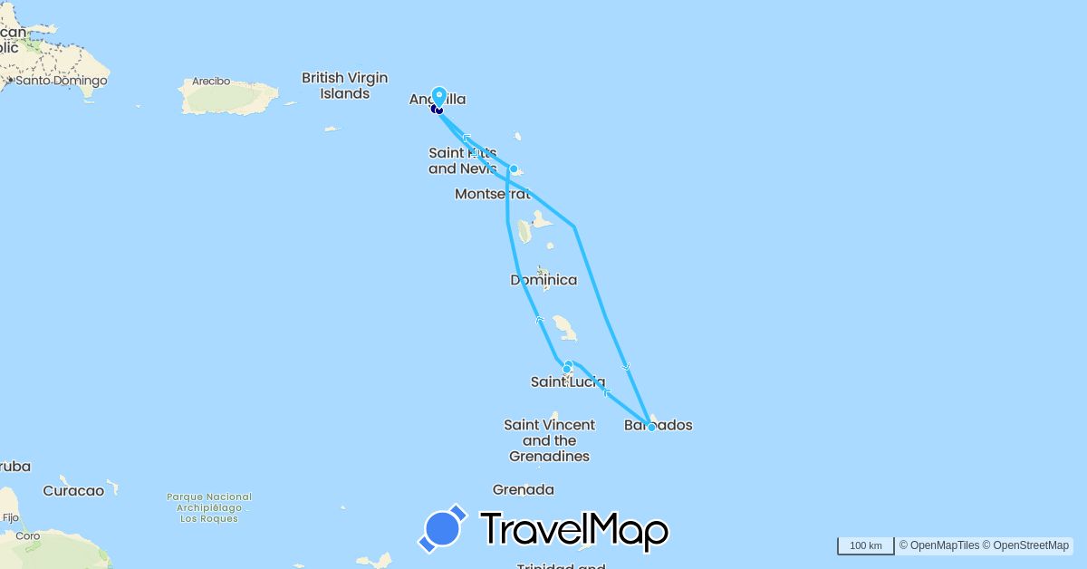 TravelMap itinerary: driving, boat in Antigua and Barbuda, Barbados, Saint Lucia, Netherlands (Europe, North America)
