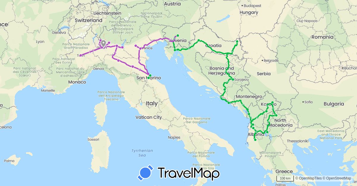 TravelMap itinerary: bus, plane, train in Albania, Bosnia and Herzegovina, Croatia, Italy, Macedonia, Slovenia, San Marino, Kosovo (Europe)