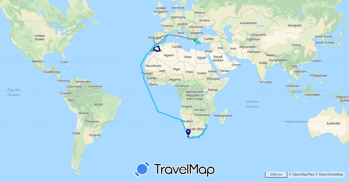 TravelMap itinerary: driving, bus, plane, boat in Spain, Gibraltar, Gambia, Greece, Morocco, Mozambique, Namibia, Portugal, Saint Helena, Senegal, Turkey, South Africa (Africa, Asia, Europe)