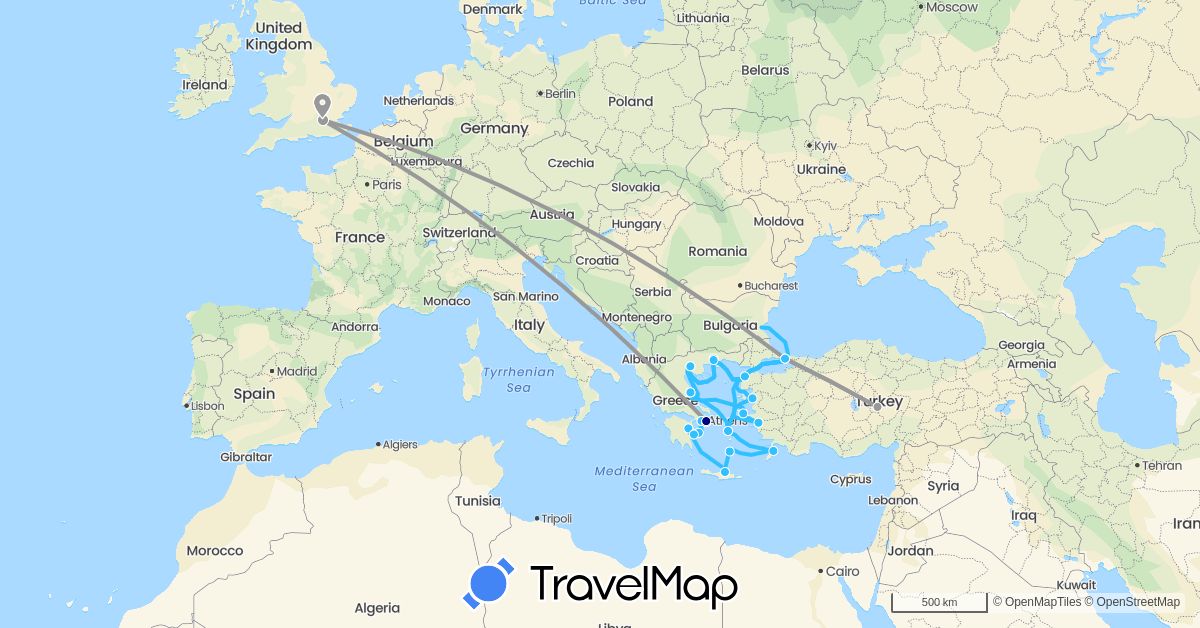 TravelMap itinerary: driving, plane, boat in United Kingdom, Greece, Turkey (Asia, Europe)