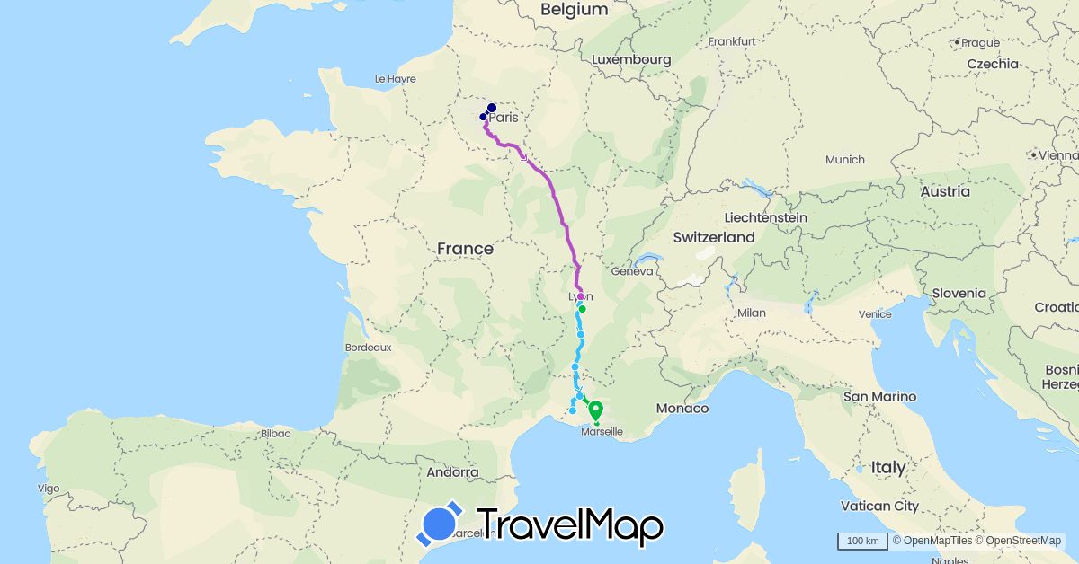 TravelMap itinerary: driving, bus, train, boat in France (Europe)