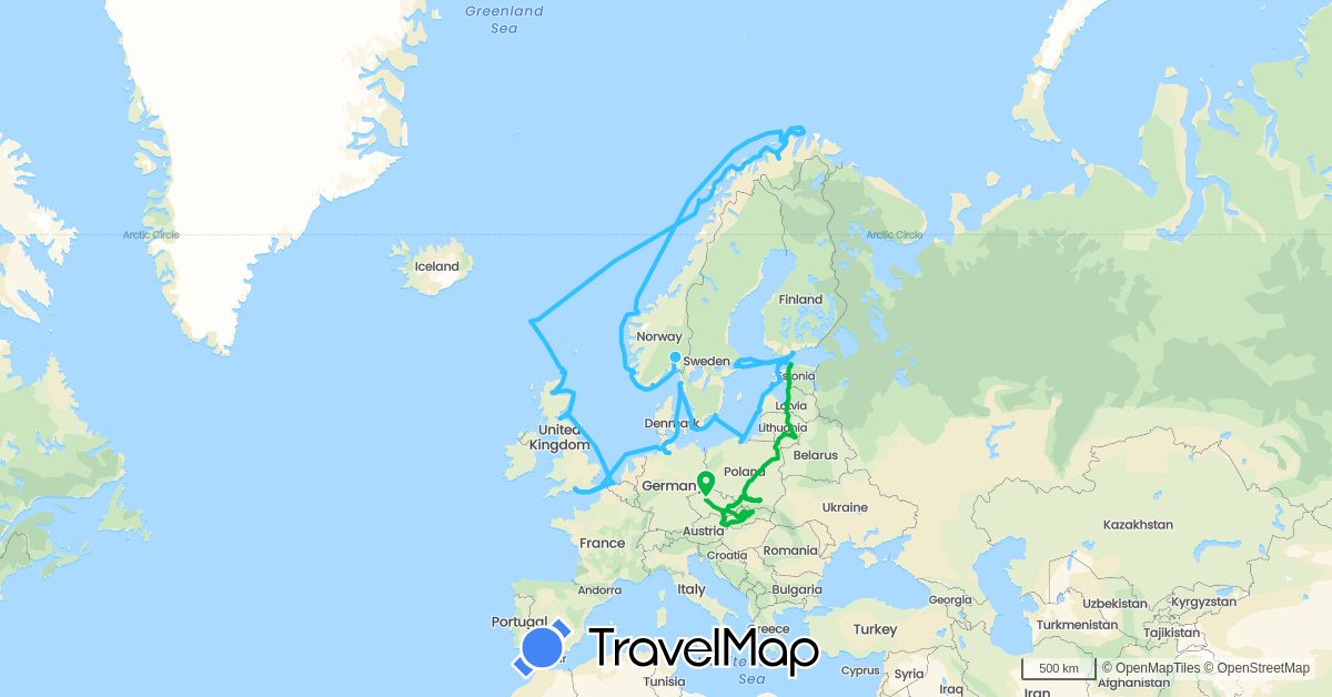 TravelMap itinerary: driving, bus, boat in Austria, Belgium, Czech Republic, Germany, Denmark, Estonia, Finland, Faroe Islands, United Kingdom, Lithuania, Latvia, Norway, Poland, Sweden, Slovakia (Europe)