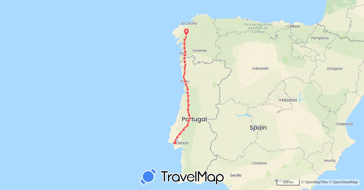 TravelMap itinerary: driving, hiking in Spain, Portugal (Europe)