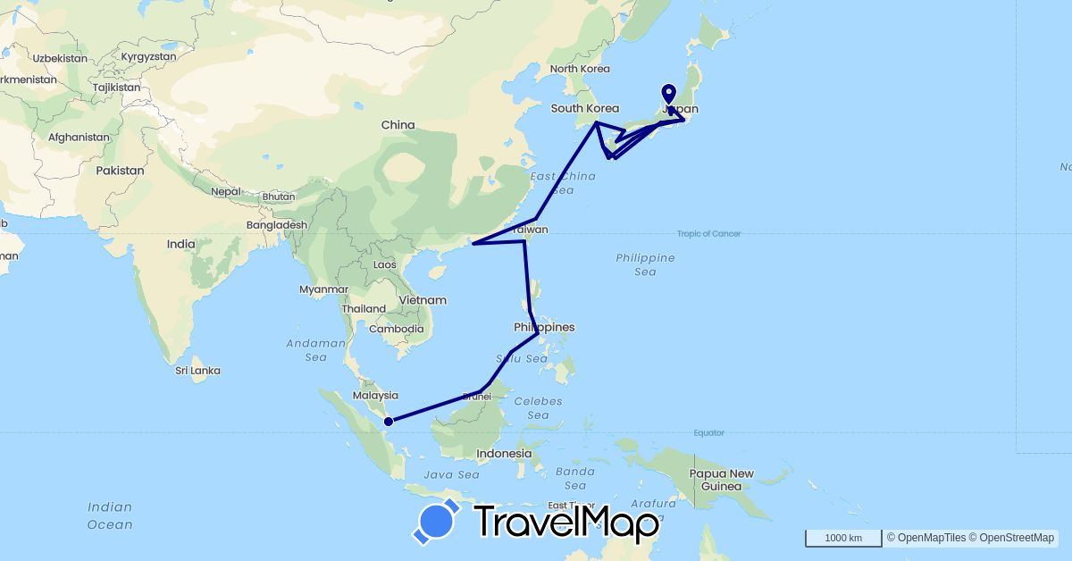 TravelMap itinerary: driving in Brunei, China, Japan, South Korea, Malaysia, Philippines, Singapore, Taiwan (Asia)