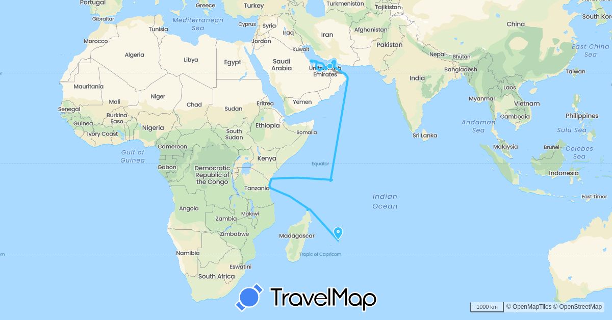 TravelMap itinerary: driving, plane, boat in United Arab Emirates, Bahrain, Kenya, Madagascar, Mauritius, Oman, Qatar, Saudi Arabia, Seychelles, Tanzania (Africa, Asia)