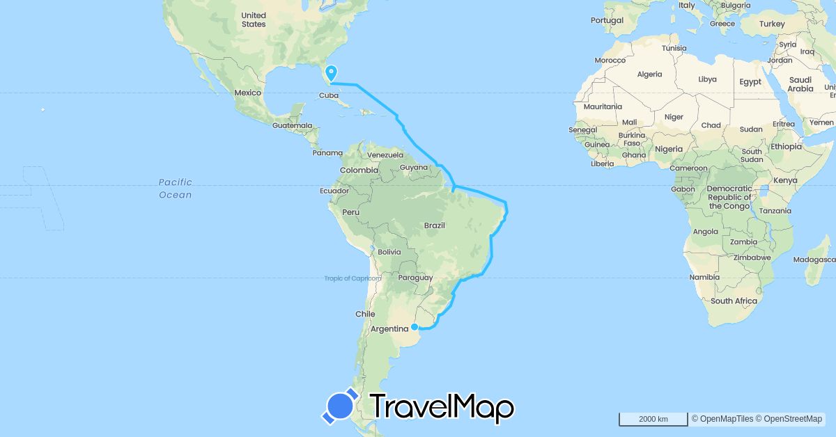 TravelMap itinerary: driving, boat in Argentina, Brazil, Dominica, France, Saint Lucia, Netherlands, United States, Uruguay (Europe, North America, South America)