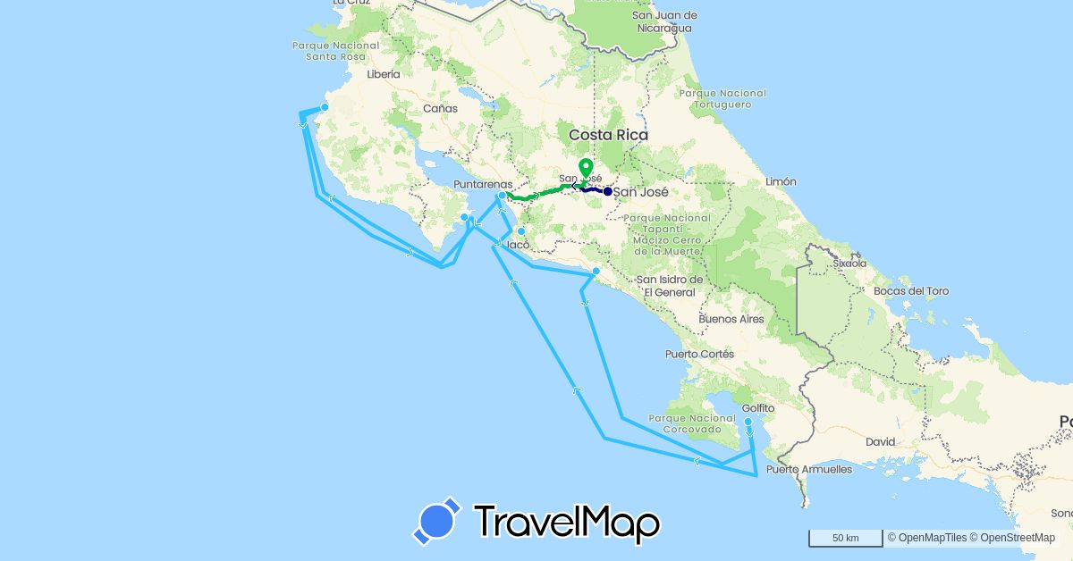 TravelMap itinerary: driving, bus, boat in Costa Rica (North America)