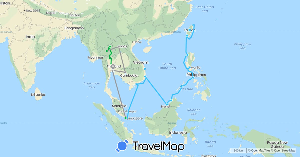 TravelMap itinerary: driving, bus, plane, boat in Brunei, Cambodia, Laos, Malaysia, Philippines, Singapore, Thailand, Taiwan, Vietnam (Asia)