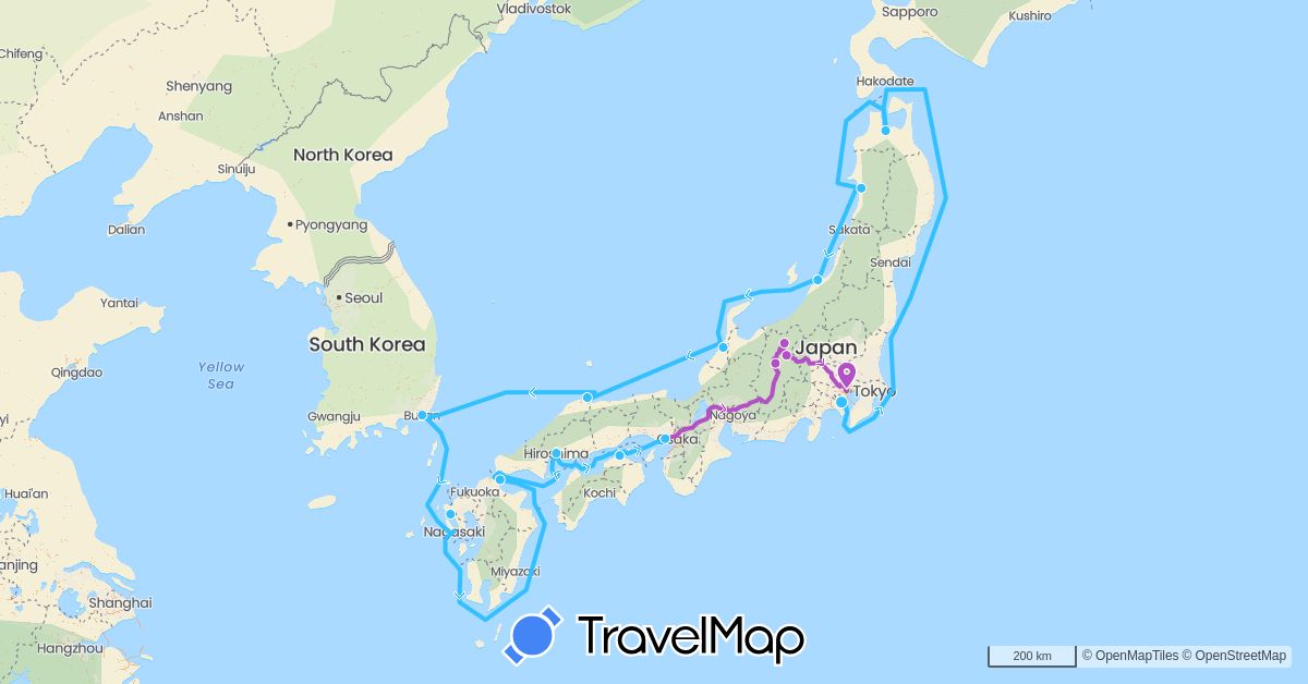 TravelMap itinerary: driving, train, boat in Japan, South Korea (Asia)