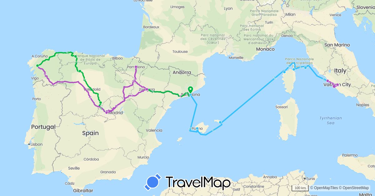 TravelMap itinerary: driving, bus, train, boat in Spain, France, Italy (Europe)