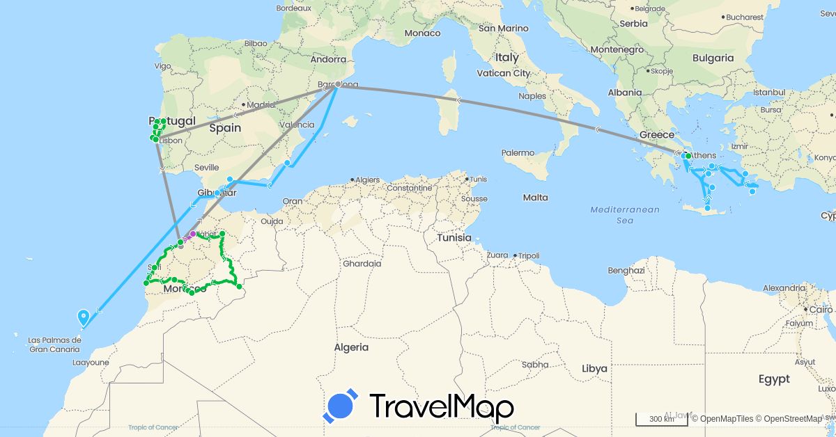 TravelMap itinerary: driving, bus, plane, train, boat in Spain, Gibraltar, Greece, Morocco, Portugal, Turkey (Africa, Asia, Europe)